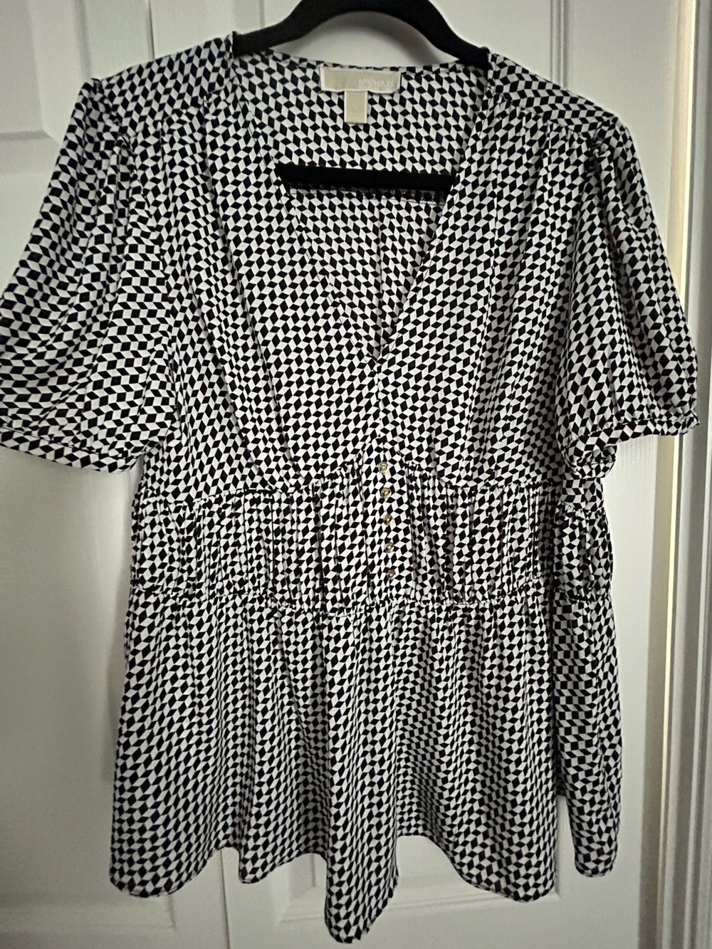 Michael Kors Black & White Geometric V-Neck Midi Dress